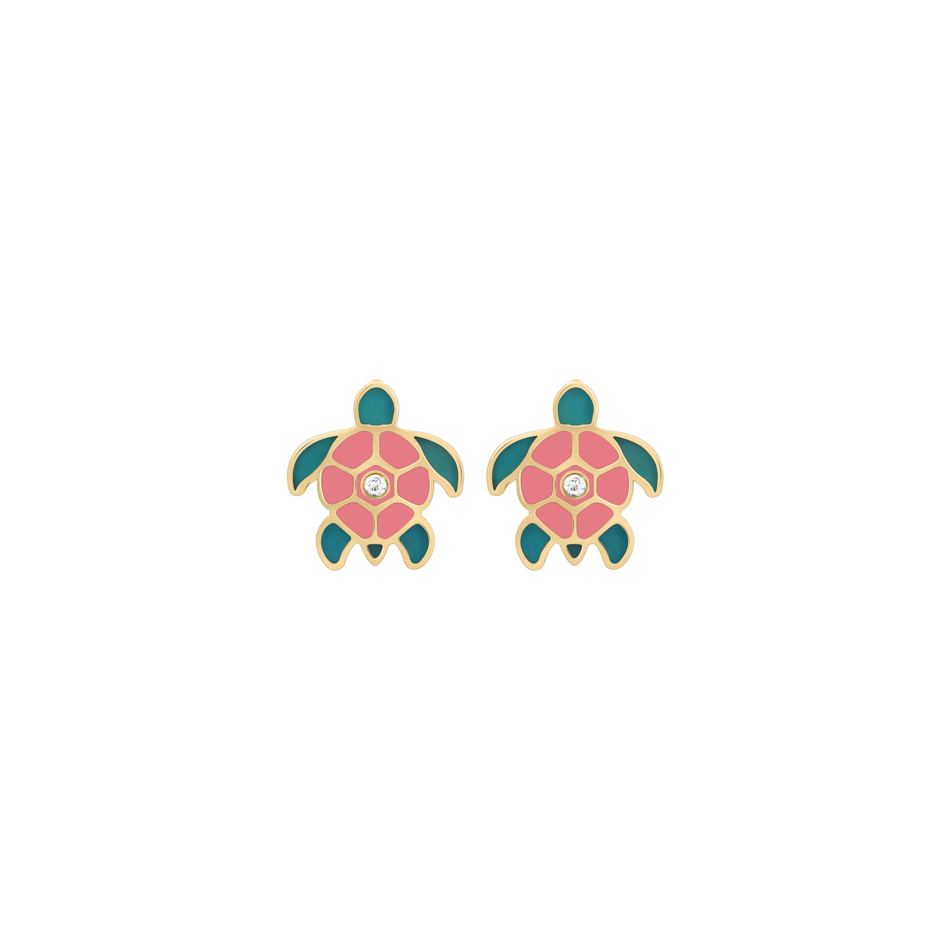 A pair of turtle-shaped earrings with pink and green enamel and a small diamond in the center.