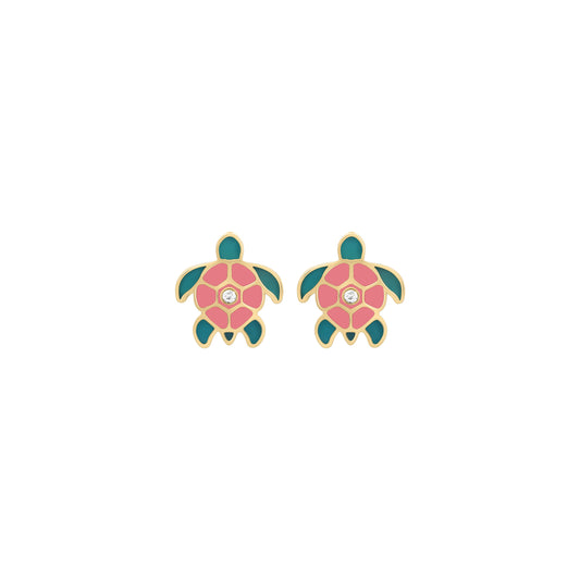 A pair of turtle-shaped earrings with pink and green enamel and a small diamond in the center.