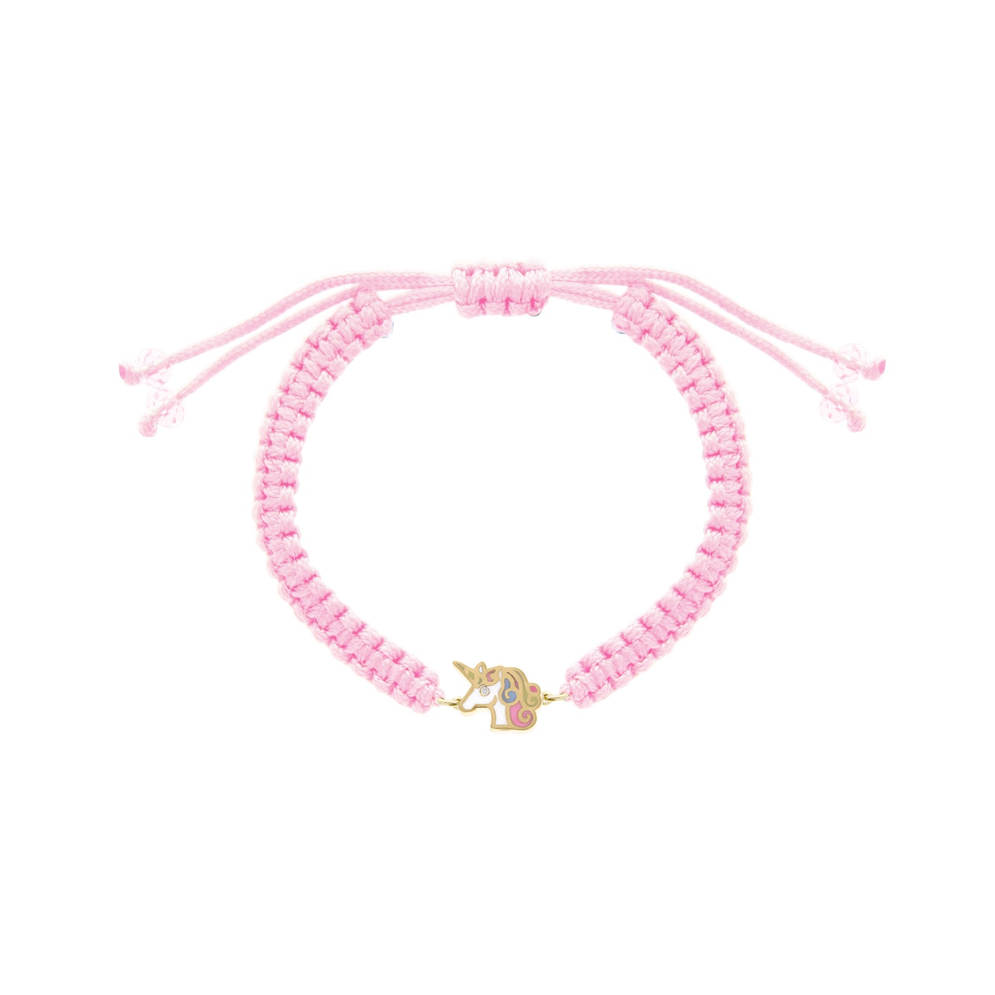 Pink woven adjustable bracelet featuring a colorful enamel unicorn charm with a tiny diamond eye, displayed on a white background.
