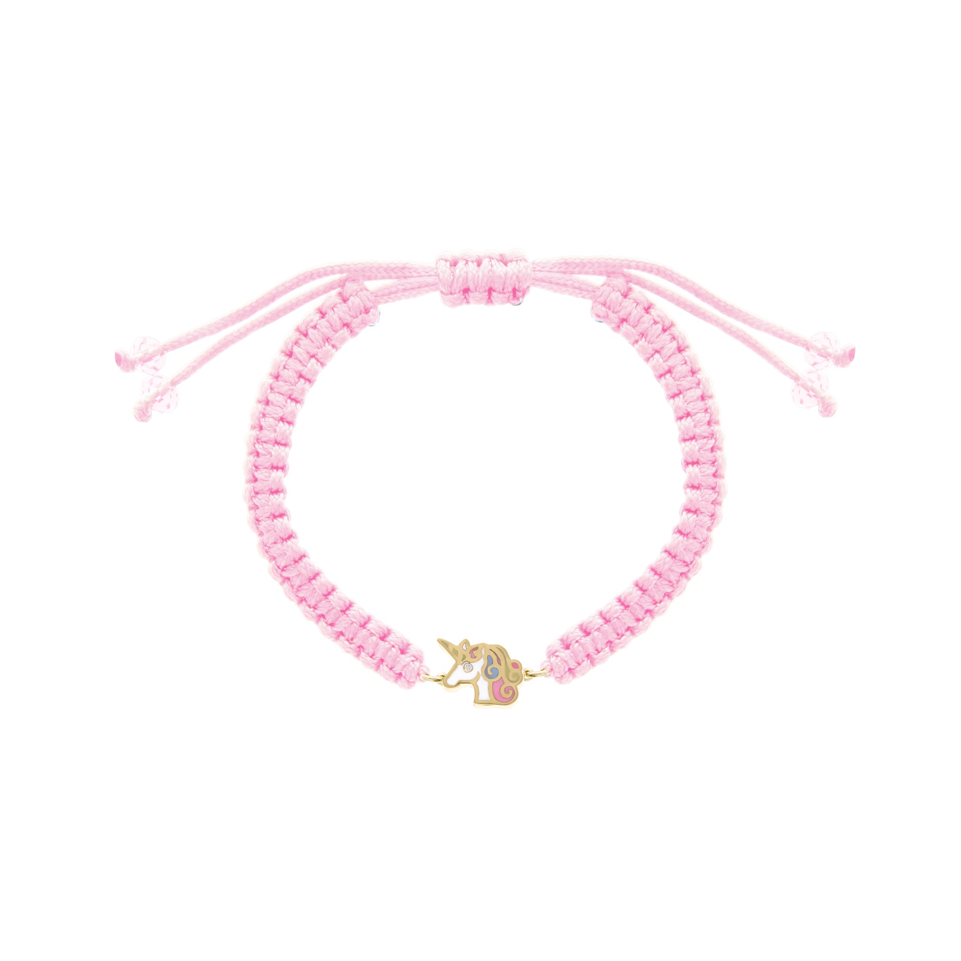 Pink woven adjustable bracelet featuring a colorful enamel unicorn charm with a tiny diamond eye, displayed on a white background.