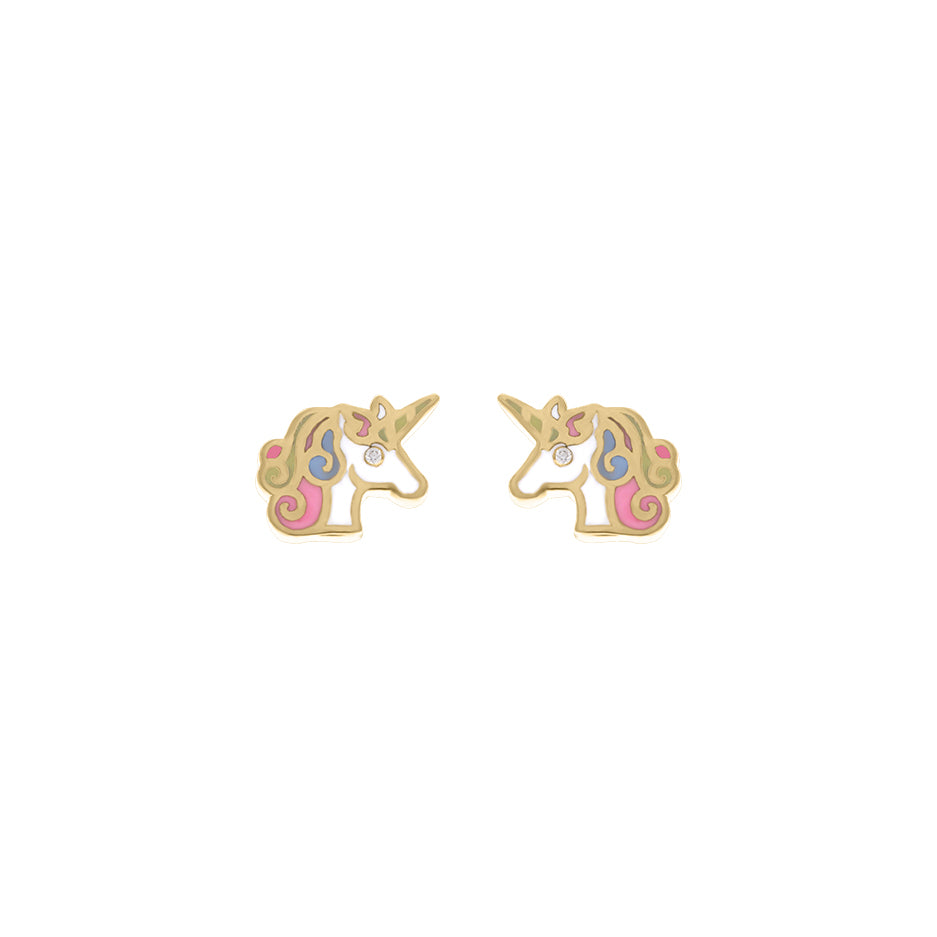 Pair of gold unicorn-shaped stud earrings with multicolor enamel detailing in pink, white, and blue, each featuring a small diamond eye, displayed on a white background.