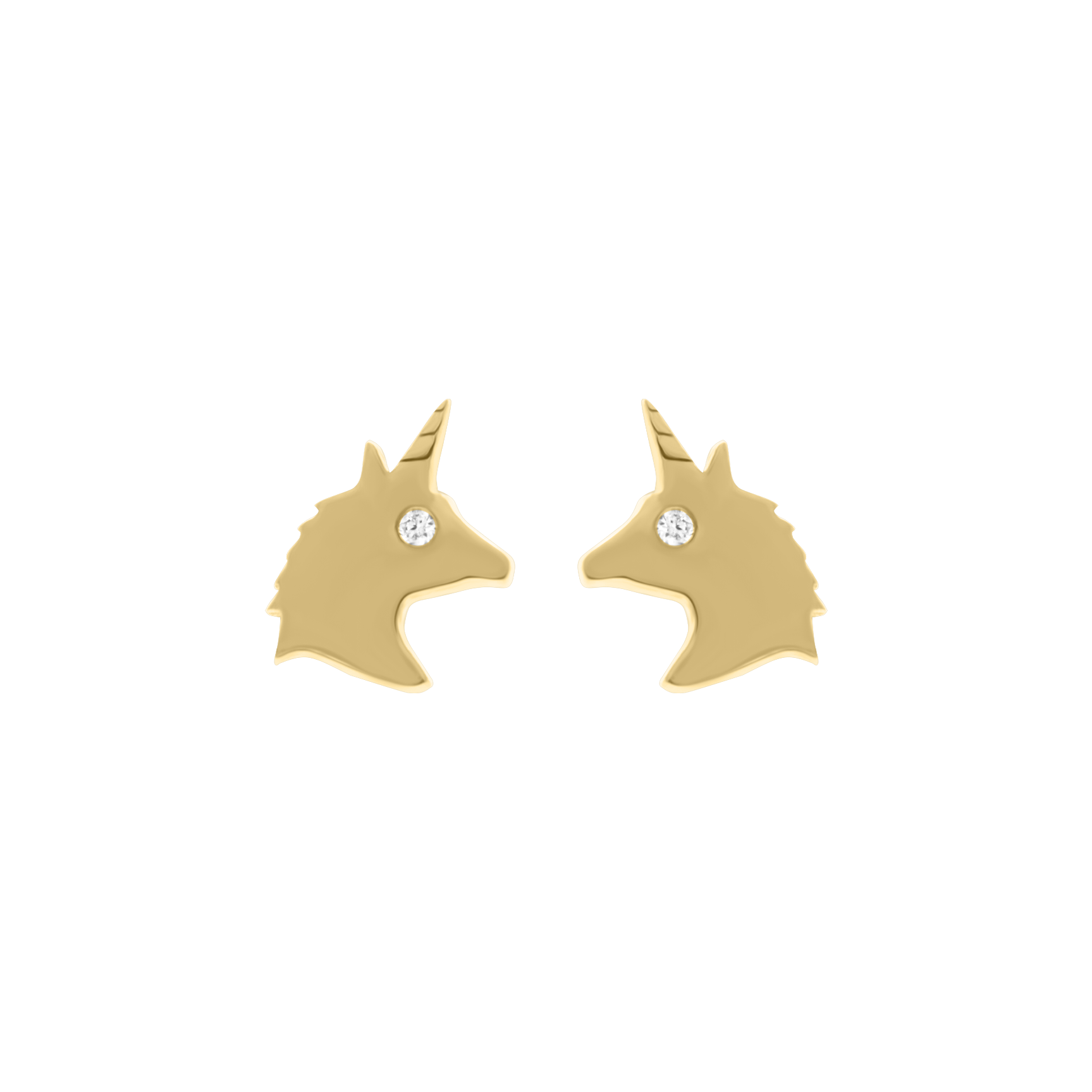 Pair of gold unicorn silhouette stud earrings with a small diamond detail for the eye, displayed on a transparent background.