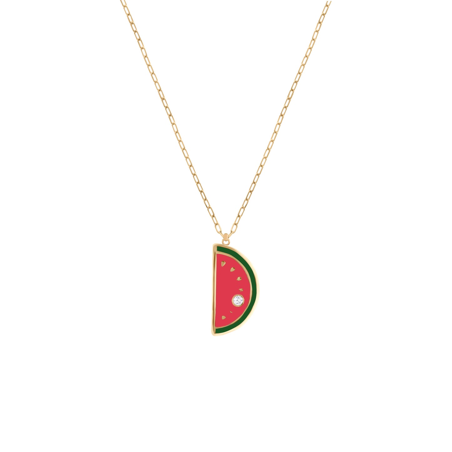 Gold necklace with a pendant shaped like a watermelon slice, featuring red and green enamel and a small diamond accent.
