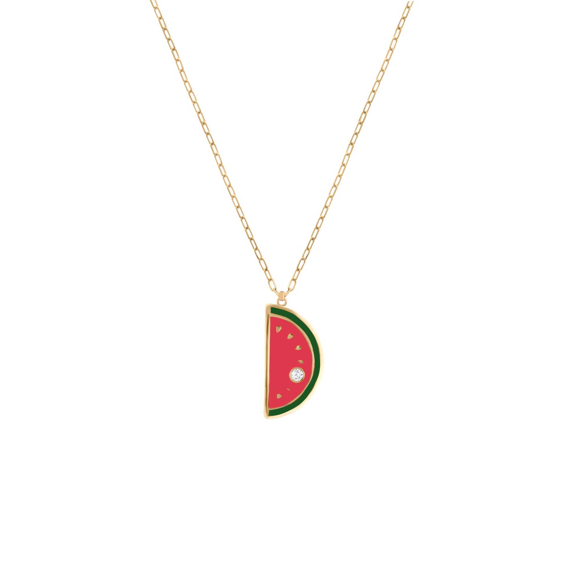 Gold necklace with a pendant shaped like a watermelon slice, featuring red and green enamel and a small diamond accent.