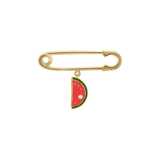 Gold safety pin brooch featuring a dangling watermelon slice charm with red and green enamel and a small diamond accent.