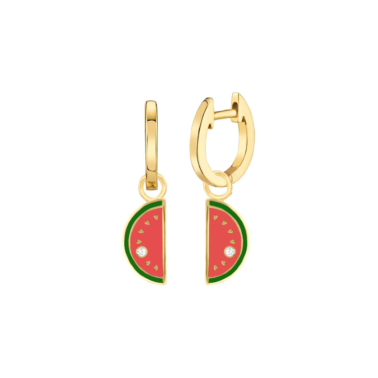 Gold hoop earrings with dangling enamel watermelon slices in red and green, each accented with a small diamonds.
