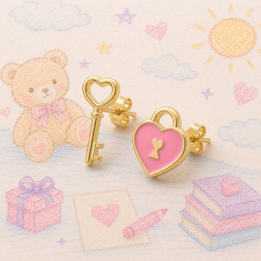 Pink Heart Lock & Key Stud Earrings