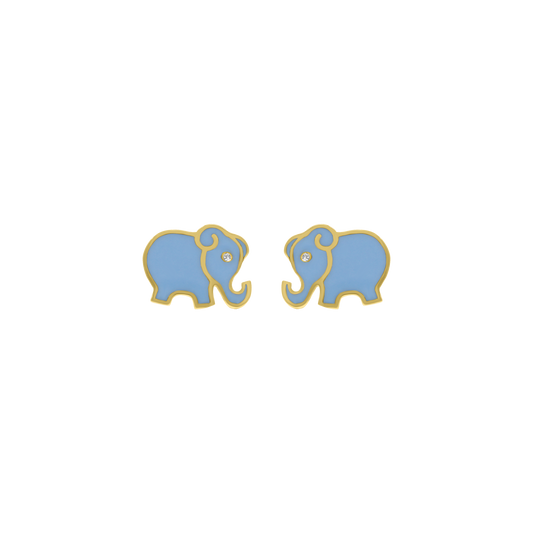 Yellow gold elephant enamel stud earrings with small diamond accent