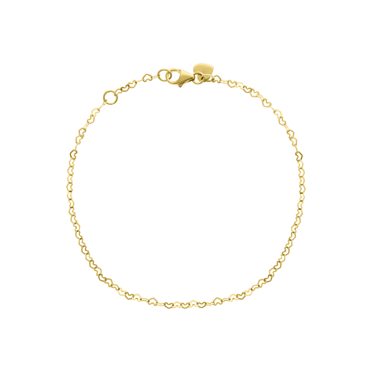 Side view of yellow gold bracelet with heart-shaped chain links