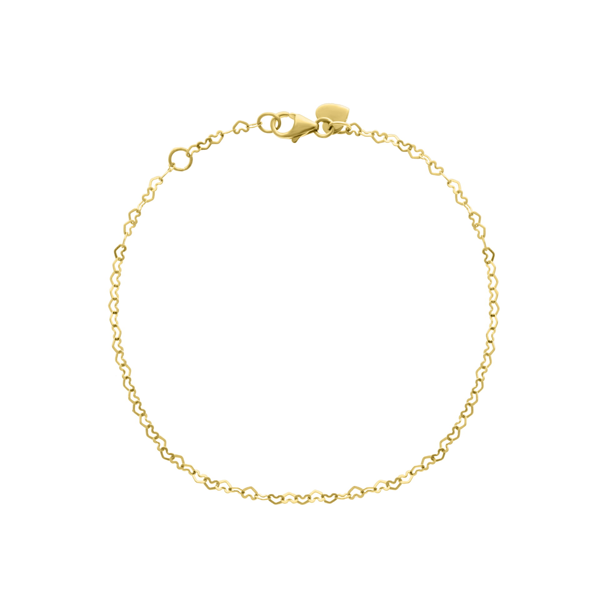 Side view of yellow gold bracelet with heart-shaped chain links