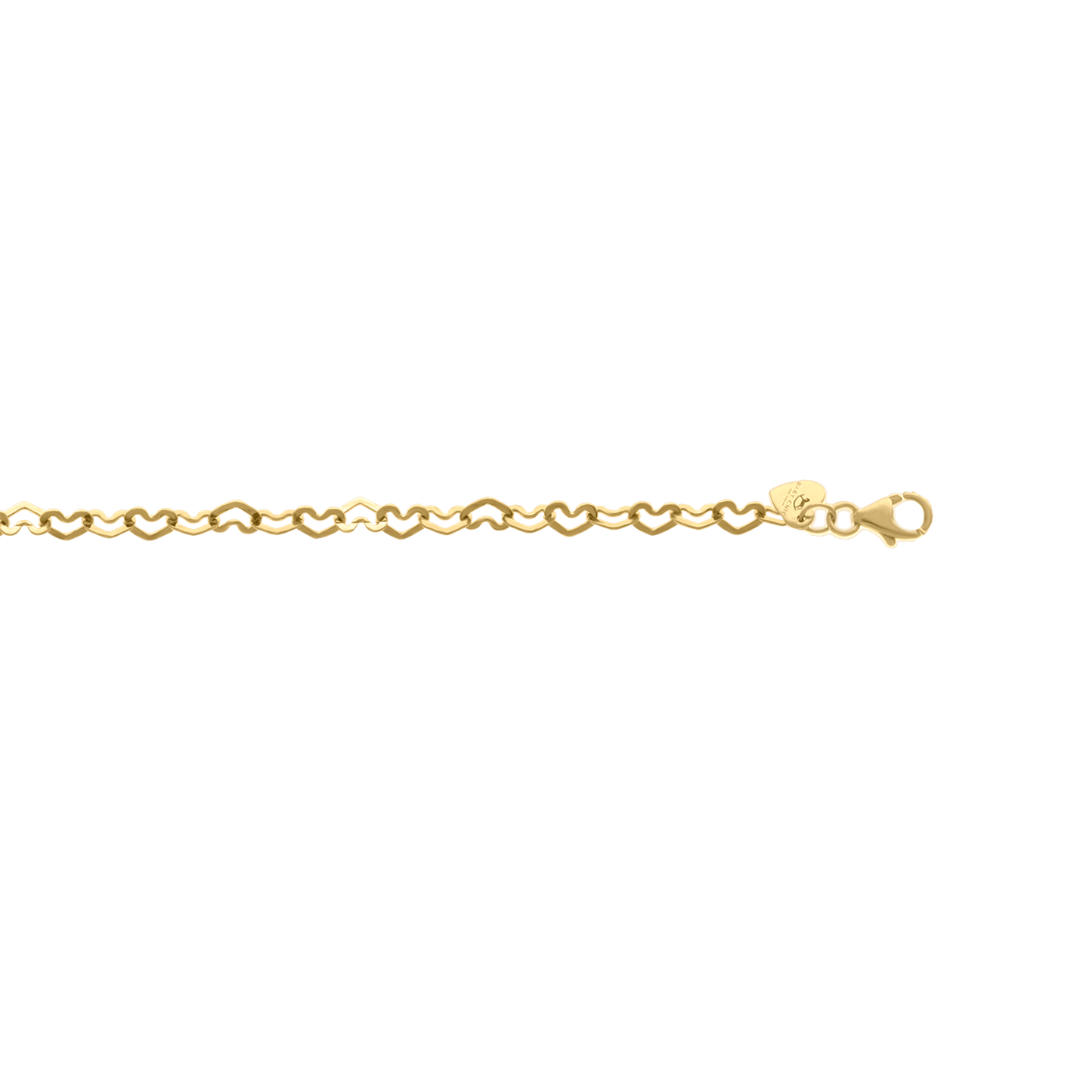Angled view of heart link chain bracelet in yellow gold for kids