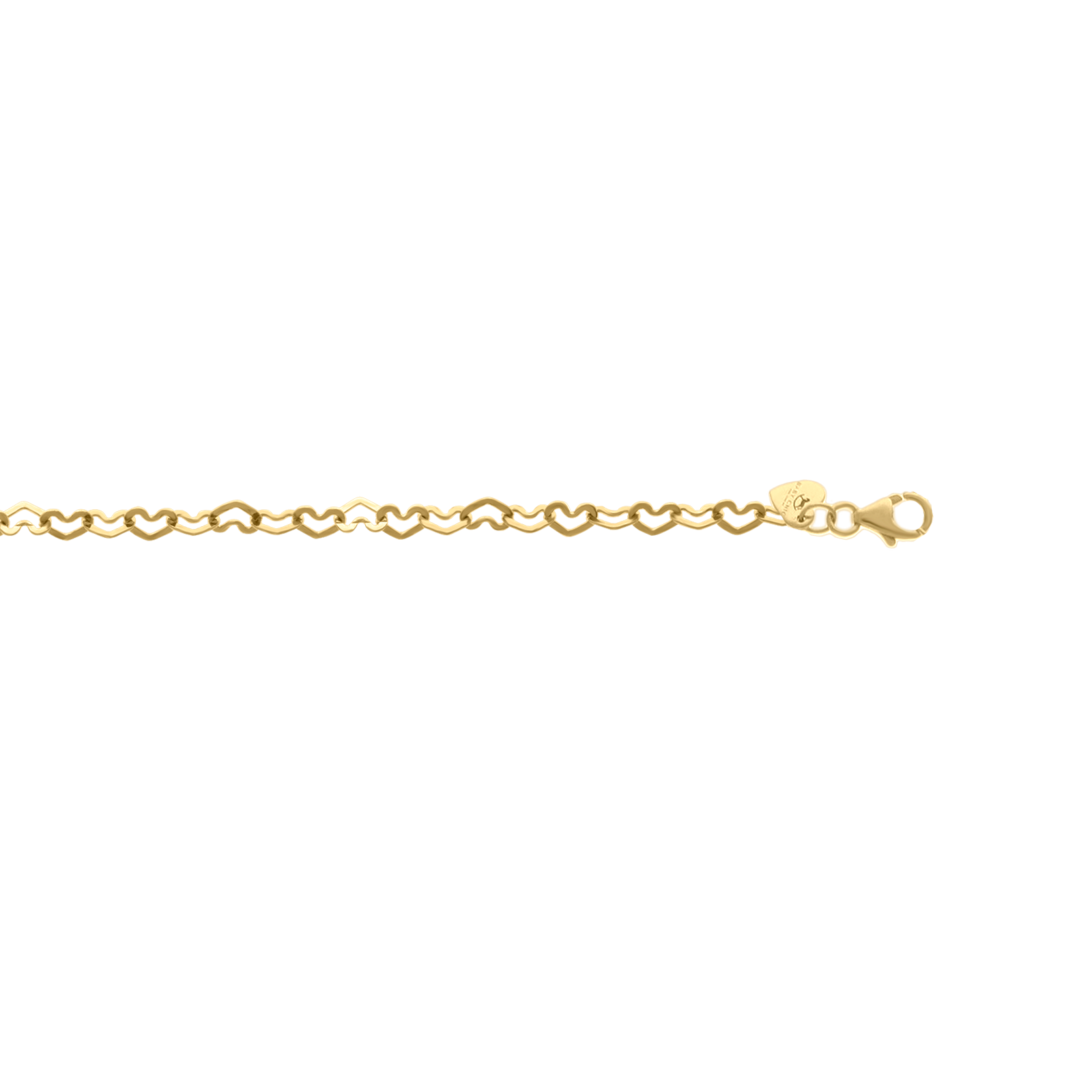 Angled view of heart link chain bracelet in yellow gold for kids