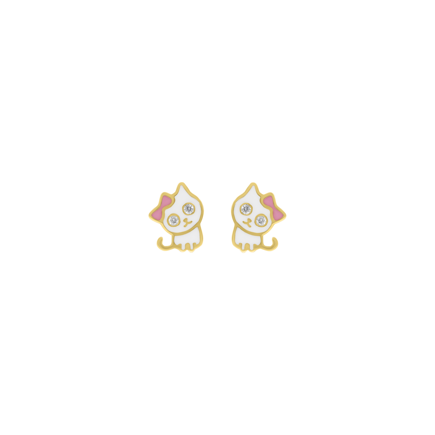 Yellow gold kitty enamel stud earrings with small diamond accents