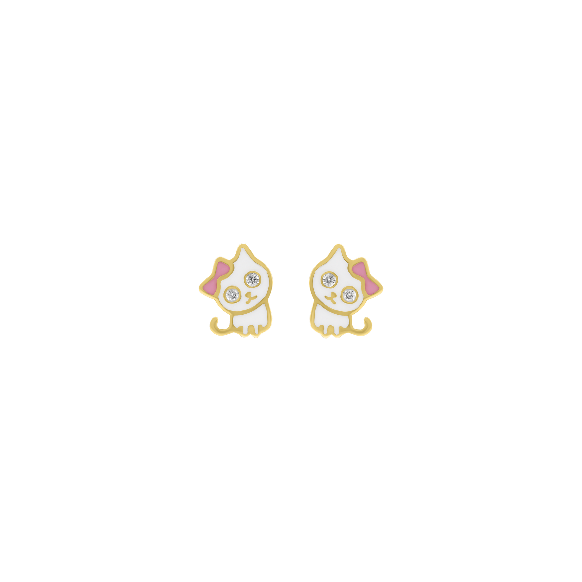 Yellow gold kitty enamel stud earrings with small diamond accents