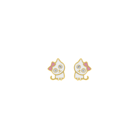 Yellow gold kitty enamel stud earrings with small diamond accents
