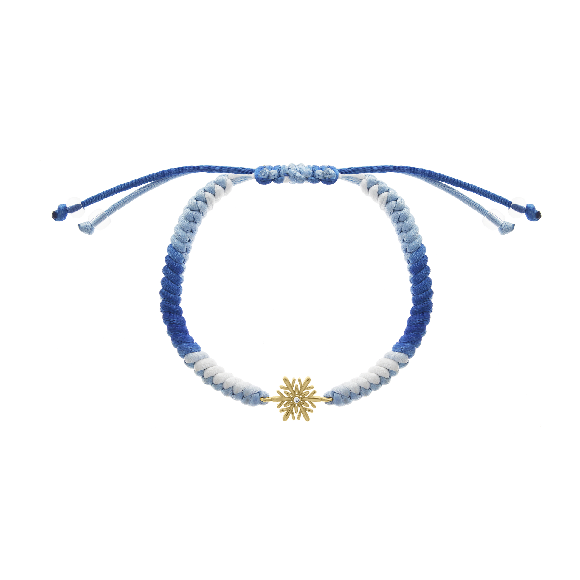 Blue braided cord bracelet with yellow gold snowflake charm and diamond center