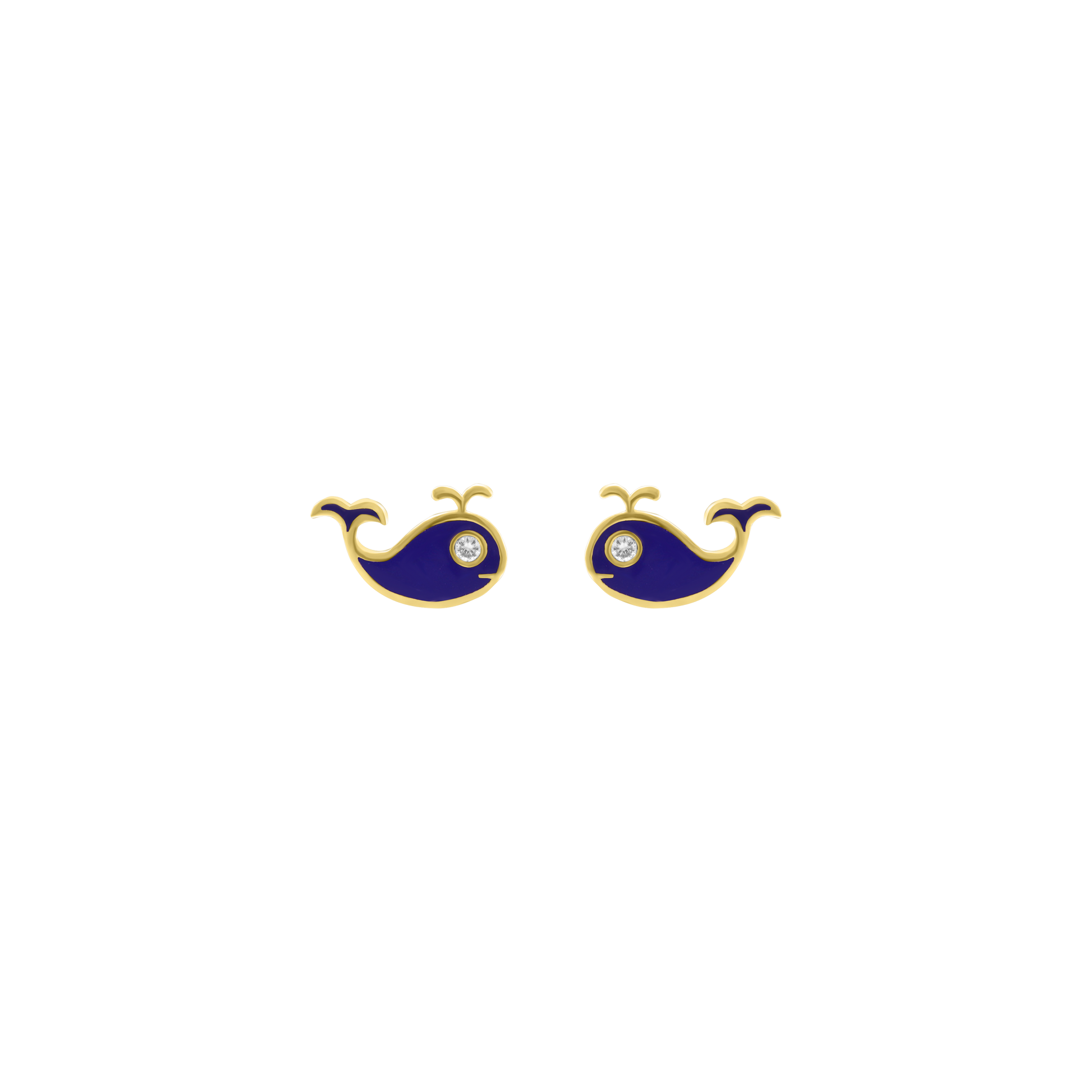 Yellow gold whale enamel stud earrings with small diamond accent